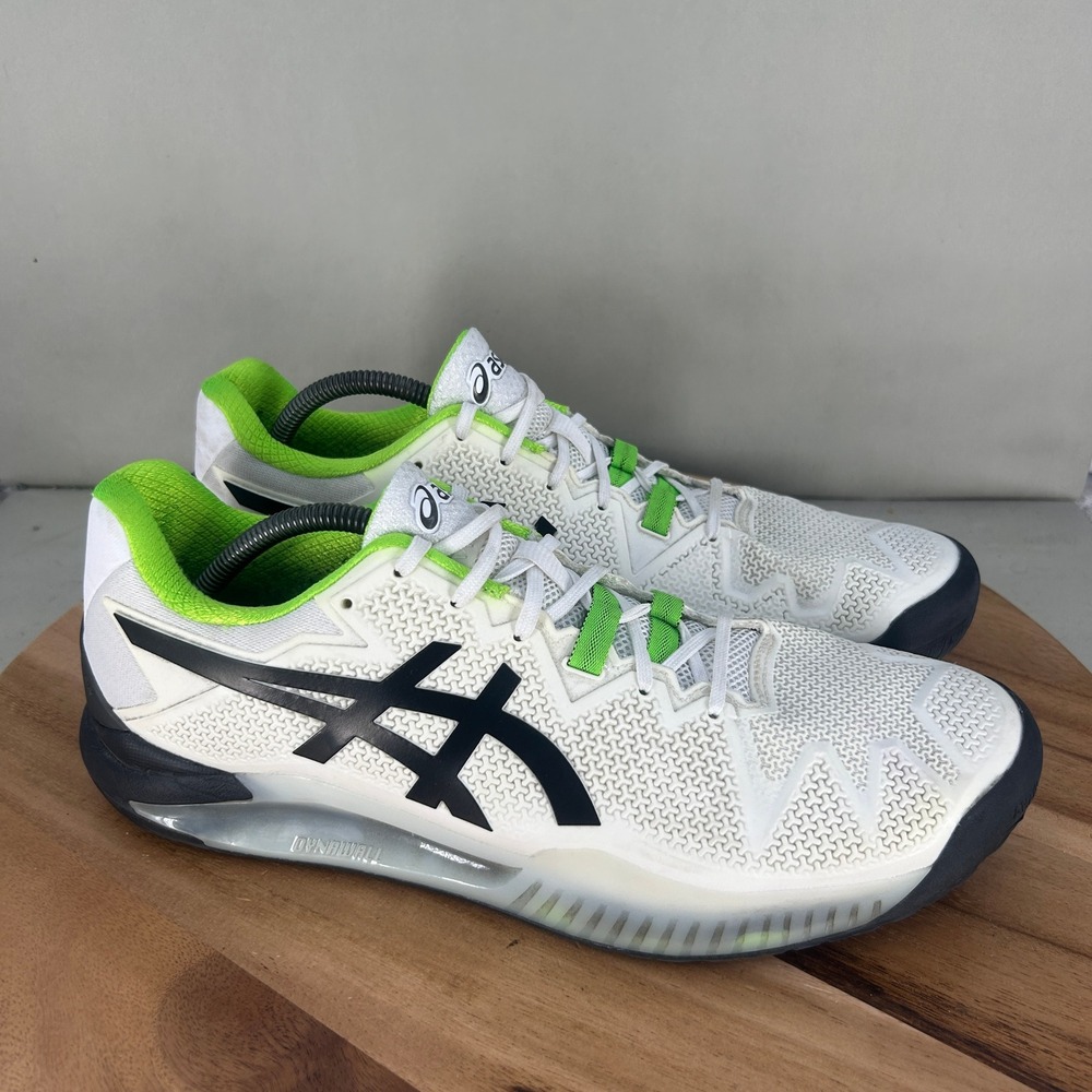 Asics Gel-Resolution 8 White Green Black Tennis Shoes 1041A079 Mens 11.5